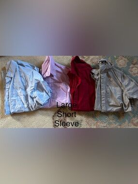Set of Four Short Sleeve Shirts in Light Blue, Lavender, Burgundy, and Taupe